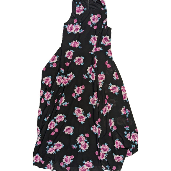 Torrid Maxi Dress 10 Black Sleeveless High Neck Lined Pink Rose Pattern - Picture 2 of 6